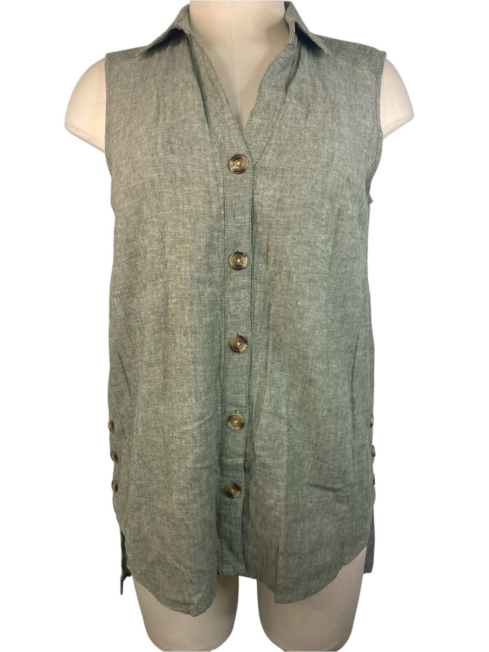 Zac & Rachel Sleeveless Button-Front Linen Blend Tunic Sage Green Women’s Small